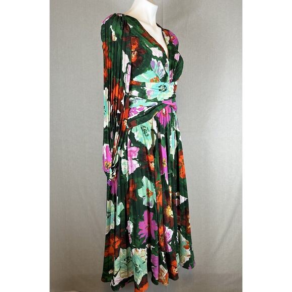 Anthropologie Size 6 Maeve Pleated Long Dress V Neck Green Floral Wedding Date - Picture 7 of 14